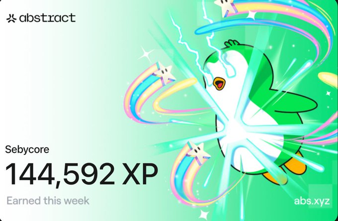 An Abstract dashboard screenshot shows 'Sebycore' earning '144,592 XP' 'Earned this week' alongside an animated green penguin character shooting a rainbow beam.