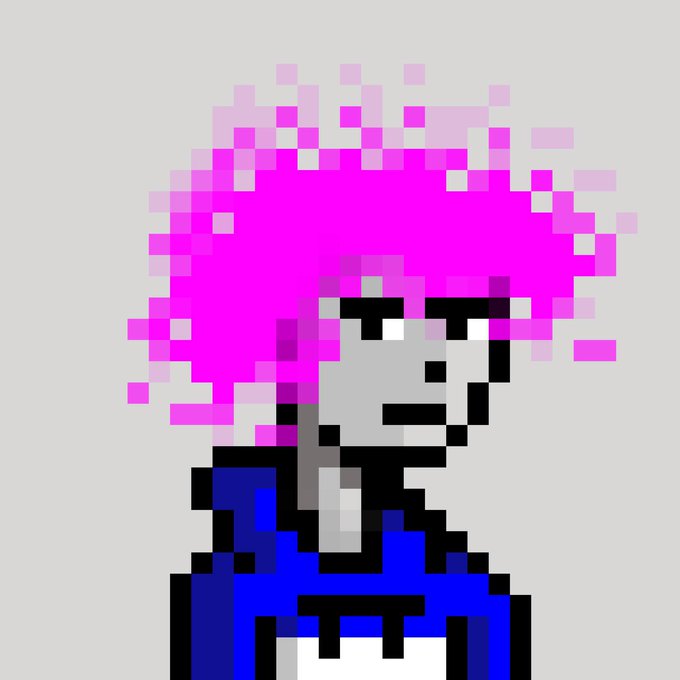 A pixel art illustration of a gray-skinned character with a large, blocky pink afro hairstyle wearing a blue shirt.