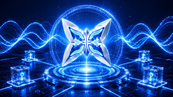 A futuristic blue digital illustration featuring a glowing butterfly-shaped emblem at the center of a circular platform, surrounded by energy waves and holographic cubes.