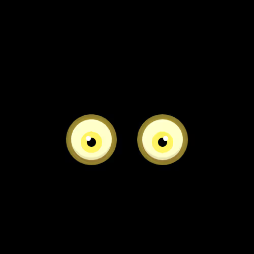 A pair of glowing yellow cartoon eyes staring out from a pitch-black background.