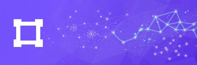 A purple gradient banner featuring a white geometric icon on the left and a network visualization of interconnected nodes and lines on the right.