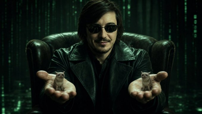 A man resembling Neo from The Matrix, wearing sunglasses and a black leather coat, sits in a chair holding out two small kittens—one in each open palm—against a green digital "Matrix-style" code background.

The image ties to the post's "red pill" theme by visually referencing *The Matrix*'s iconic choice, repurposed here as the "Take the $CASHCAT pill" call, with the kittens symbolizing the $CASHCAT mascot as the leveraged play on the broader green-chain (Base/L2) ecosystem.