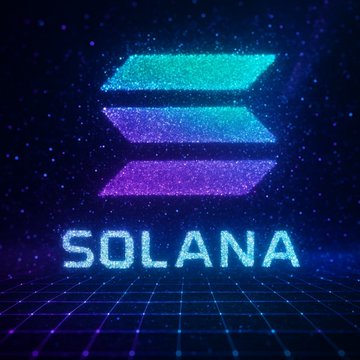 A glowing, glittery Solana (SOL) logo displayed against a dark, starry, retro-futuristic background.