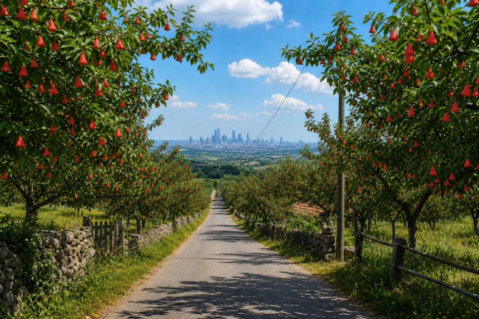 A tree-lined country road descends toward a distant city skyline visible on the horizon under a blue sky with scattered clouds.