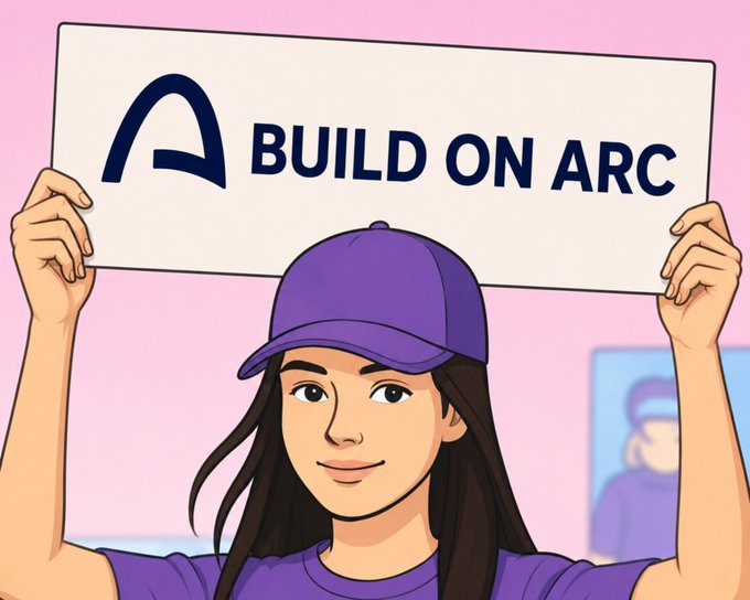 An illustration of a smiling woman wearing a purple cap holding up a white sign with the Arc logo and text reading 'BUILD ON ARC'.