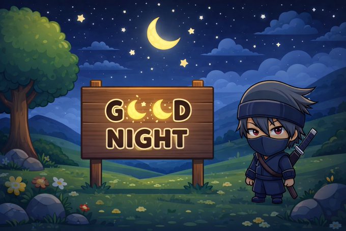 An anime-style illustration depicts a chibi ninja character beside a wooden 'GOOD NIGHT' sign under a starry sky with a crescent moon.