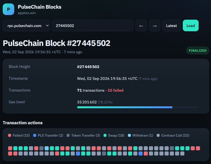 A screenshot of 'PulseChain Blocks' showing block #27445502 with details including 71 transactions (15 failed) and 35,201,602 gas used.
