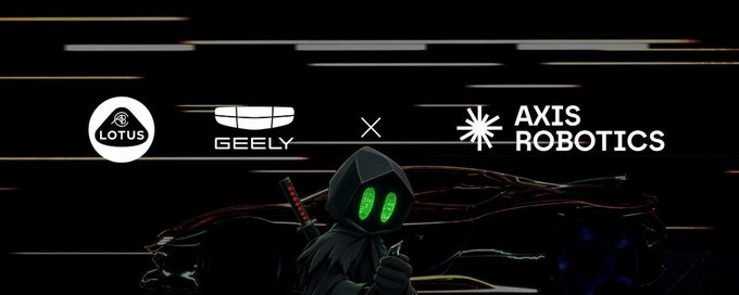 A promotional graphic showing a partnership between Lotus, Geely, and Axis Robotics, featuring a hooded anime-style character with glowing green eyes.