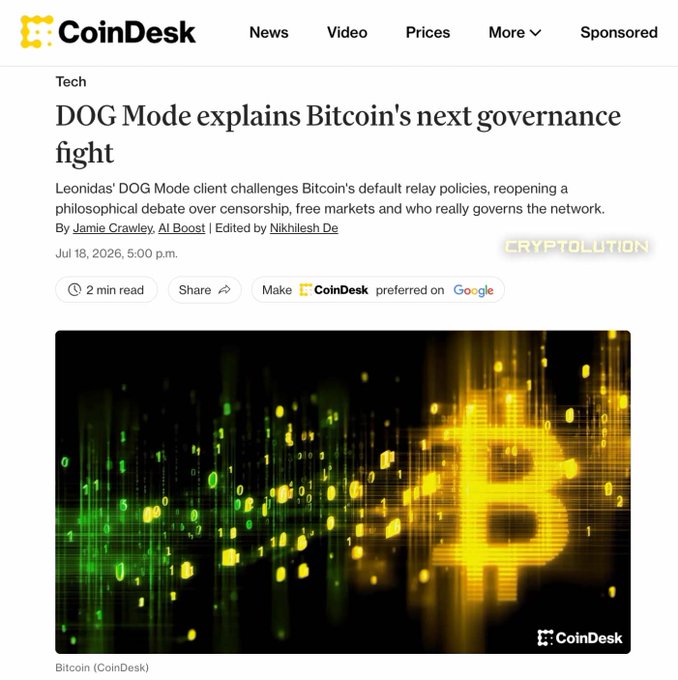 A CoinDesk Tech article titled "DOG Mode explains Bitcoin's next governance fight" by Jamie Crawley, dated July 18, 2026, reporting on Leonidas' DOG Mode client challenging Bitcoin's default relay policies and reigniting debates over censorship and network governance. The article features the CoinDesk logo at the top and a digital image of a glowing Bitcoin "B" symbol with cascading green and yellow binary code.