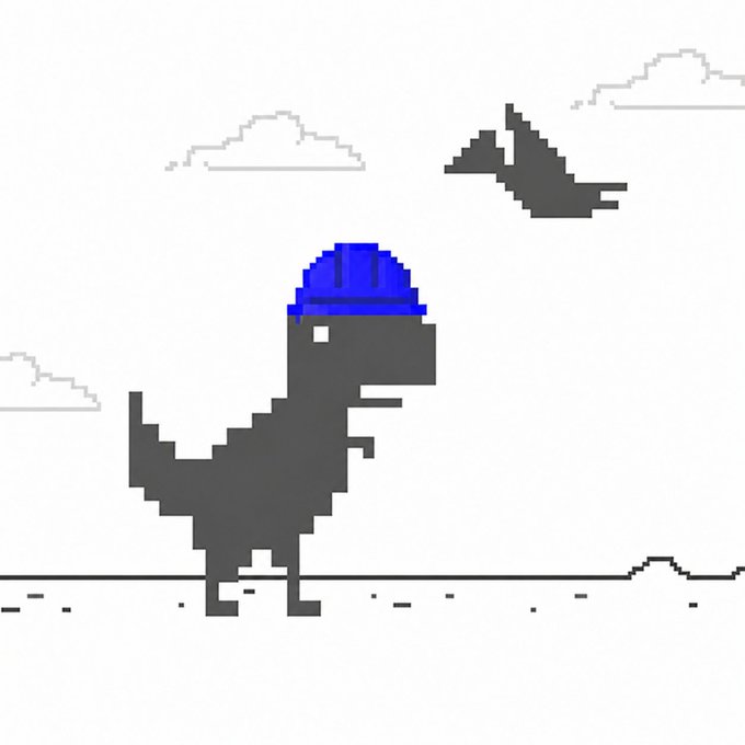 A minimalist pixel art animation-style image of a black dinosaur wearing a blue hard hat, standing on a ground line. A black pterodactyl flies in the background alongside pixelated white clouds.