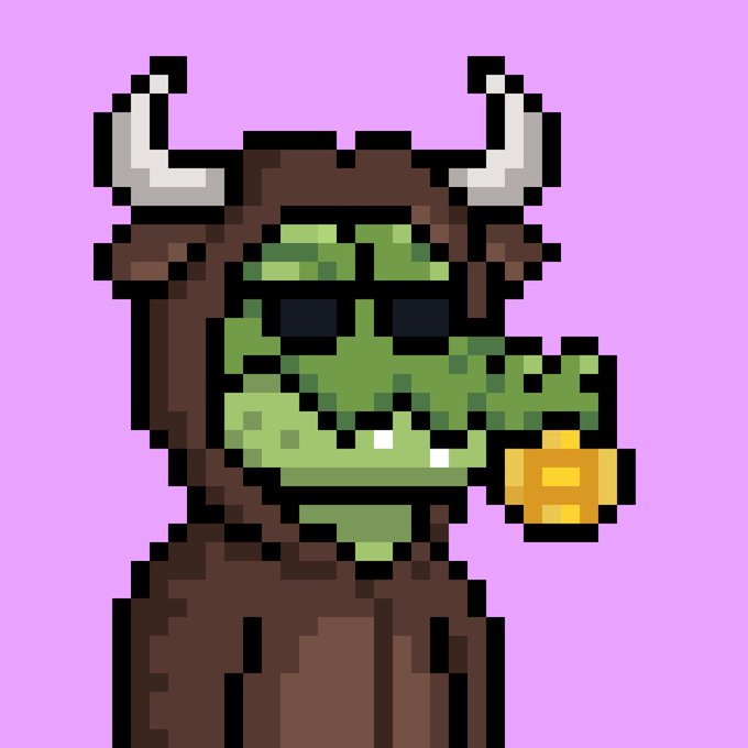 A pixel art illustration of a green dragon wearing a brown horned helmet and cloak, holding a gold coin on a pink background.