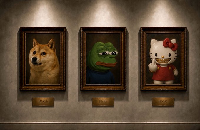 Three framed portraits displayed on a wall, labeled "DOGE" (a Shiba Inu dog), "PEPE" (the green frog), and "HMM" (Hello Kitty).