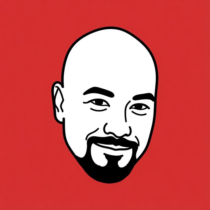 Minimalist illustration of a smiling bald man's face with a goatee, drawn in black lines on a solid red background.