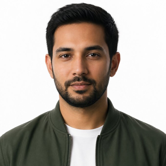 A portrait photo of a man with short dark hair and a beard, wearing an olive green bomber jacket over a white t-shirt, against a plain white background.