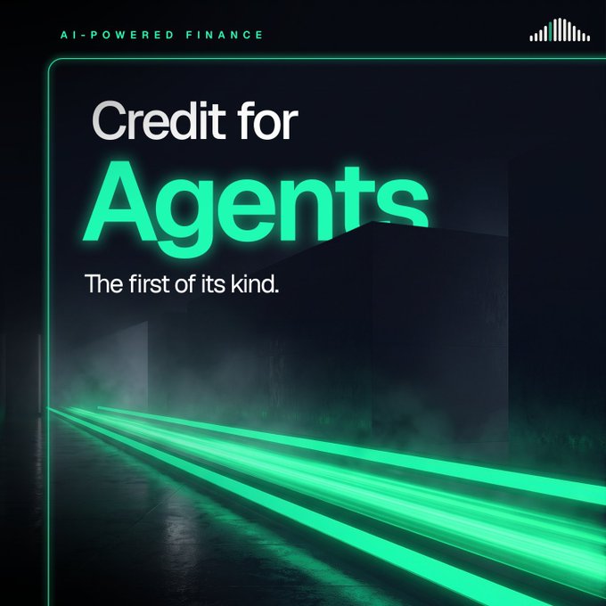 A dark promotional graphic with neon green accents reading 'AI-POWERED FINANCE' at the top and 'Credit for Agents - The first of its kind.' in large text.
