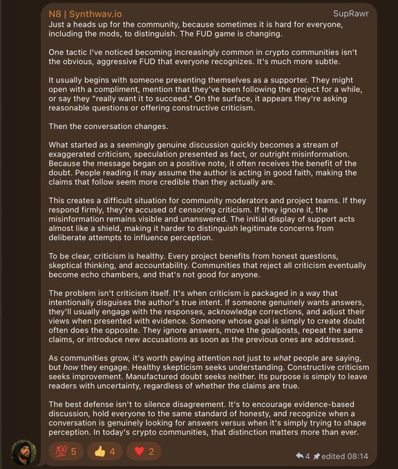 Screenshot of a community post on Synthwav.io by user "N8" with 5 comments, 4 likes, and 2 hearts, discussing how FUD tactics in crypto communities have evolved into subtle misinformation campaigns disguised as constructive criticism, arguing that healthy skepticism seeks answers while manufactured doubt just creates uncertainty.