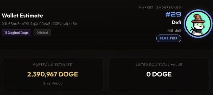A digital wallet dashboard displays a portfolio estimate of 2,390,967 DOGE ($172,144.85), ranked #29 on the market leaderboard with 11 Doginal Dogs and 0 listed.