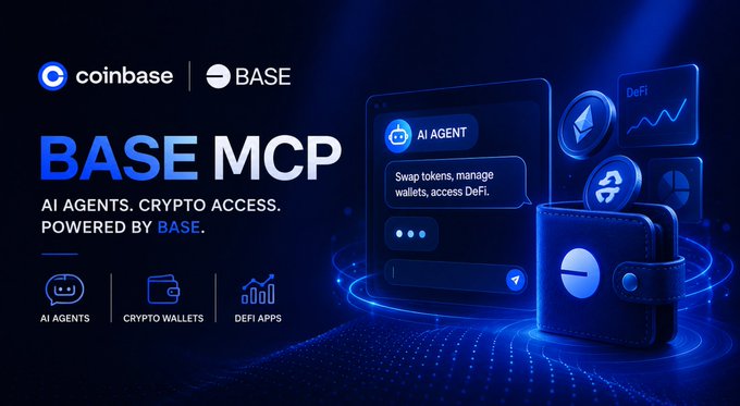 The image features a poster for Base MCP, which is an AI-powered wallet that connects agents like ChatGPT with onchain wallets and DeFi applications through natural language interactions. The poster includes various icons representing different aspects of the platform, such as chatbots, crypto wallets, and DeFi applications. The text in the image suggests that this new infrastructure layer can be used to execute actions directly from AI agents using natural language commands.