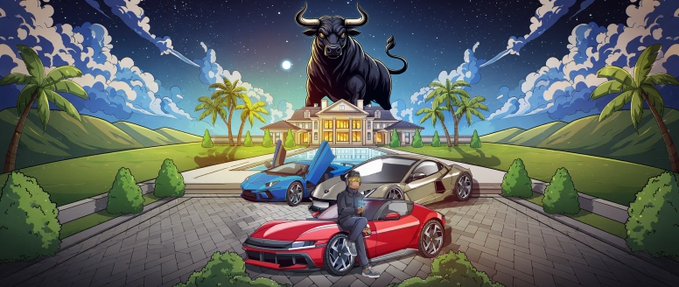A stylized digital illustration depicts a person in a red convertible holding a laptop, flanked by luxury cars (including a blue one with scissor doors) in front of a mansion, all overshadowed by a massive bull looming in the night sky—a visual metaphor perfectly matching the bullish sentiment expressed in the post about $ANSEM.