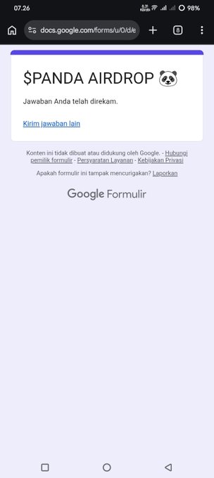 A smartphone screenshot of a Google Forms page titled "$PANDA AIRDROP" with a panda emoji, showing a message that "Jawaban Anda telah direkam" (Your answer has been recorded).