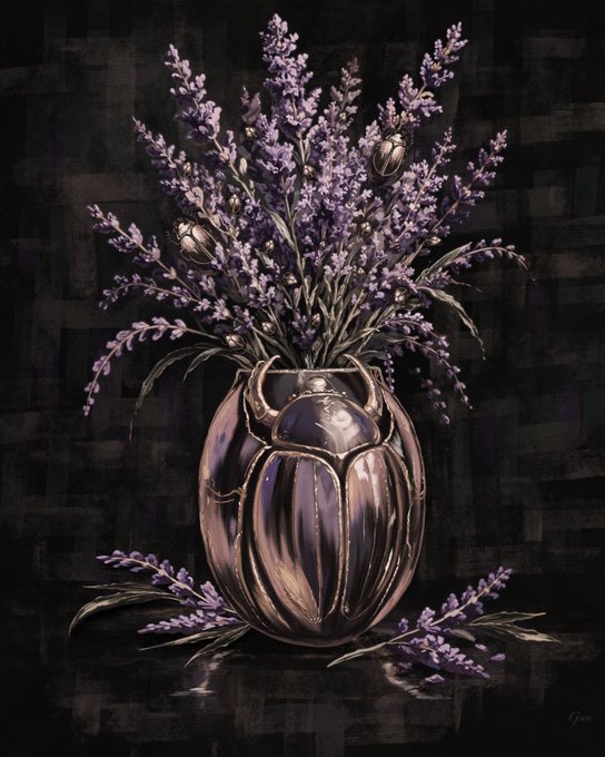 A dark, moody digital painting of a beetle-shaped metallic vase holding a bouquet of purple lavender and beetles, with small lavender sprigs scattered on the reflective surface below.
