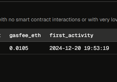 A dark-themed data table showing a row with 'gasfee_eth' value of 0.0105 and 'first_activity' timestamp of '2024-12-20 19:53:19', with partial text above about no smart contract interactions.
