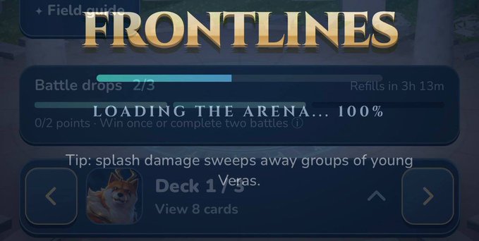 The image shows a loading screen for a mobile game mode called "FRONTLINES," with a battle drops progress bar at 2/3 refilling in 3h 13m, displaying the message "LOADING THE ARENA... 100%" and a tip about splash damage. It relates to the post by showcasing the "Valhalla Mobile" mini-game in active testing, featuring Deck 1 led by the character Veras.