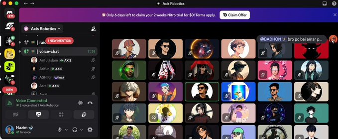 A screenshot of the Discord app showing the 'Axis Robotics' server with a grid of user avatars, a voice connection panel, and a Nitro trial offer banner.