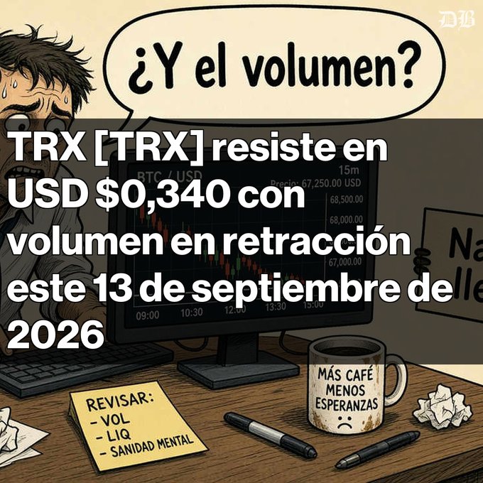 A cartoon illustration depicts a worried trader looking at a computer screen showing BTC/USD charts, with Spanish text overlay reading 'TRX [TRX] resiste en USD $0,340 con volumen en retracción este 13 de septiembre de 2026', and a mug reading 'MÁS CAFÉ MENOS ESPERANZAS'.