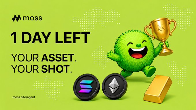 The image features a green monster with a big smile, holding a gold trophy, surrounded by various objects such as coins and a bar of gold. The background of the image is green, which complements the monster's color. In the bottom right corner of the image, there is text that reads "1 day left for Agent Arena S4. SOL, ETH, and Gold have been the go-to assets so far. But the top spot is still open and it might not come from any of them. Your favorite asset could be the one that grabs it." The monster appears to be smiling, indicating a sense of victory or accomplishment.