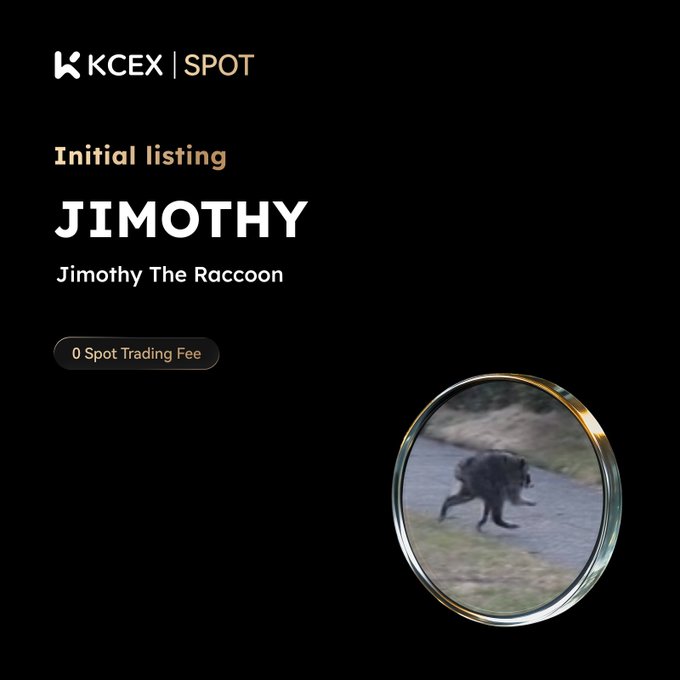 A promotional graphic for KCEX Spot announces the initial listing of "JIMOTHY" (Jimothy The Raccoon) with a "0 Spot Trading Fee" badge, featuring a circular image of a raccoon on a path against a black background.