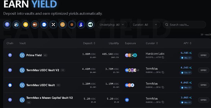 A dark-themed DeFi dashboard titled 'EARN YIELD' showing a list of vaults with deposit amounts, liquidity, curator (including Hardcore Labs and TermMax), and APY rates such as Prime Yield, TermMax USDC Vault V2, and TermMax x Mezen Capital Vault V2.