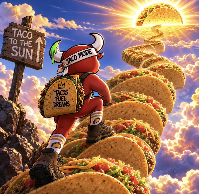 A colorful digital illustration of a red character in a Viking helmet with horns, wearing a taco-themed backpack reading 'TACO'S FUEL DREAMS', climbing a staircase of tacos toward a giant taco sun, with a wooden sign reading 'TACO TO THE SUN'.