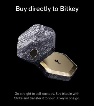 An advertisement reading 'Buy directly to Bitkey' featuring an open metallic gray vault with a key icon, with the tagline 'Go straight to self-custody. Buy bitcoin with Strike and transfer it to your Bitkey in one go.'