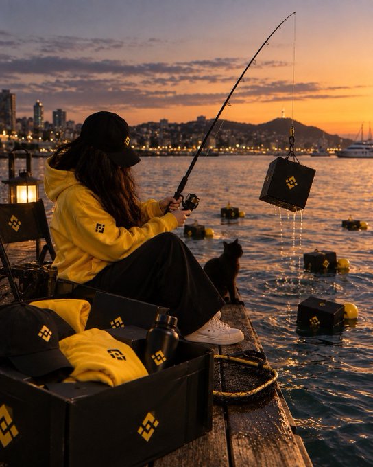 A person in a yellow hoodie and black cap sits on a dock at sunset fishing, with a small black dog beside them; multiple Binance-branded cubes float in the water, and a city skyline is visible in the background.