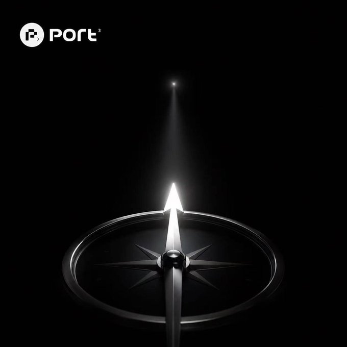 A dark, minimalist digital artwork showing a metallic compass with its needle pointing toward a glowing light, with a 'Port³' logo in the upper left corner.