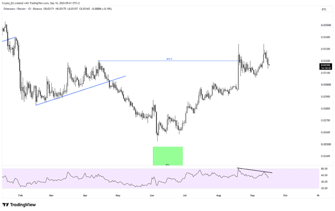 A TradingView daily chart of ETHBTC (Binance) displaying price action from February to October 2024, showing a double top formation with the current price around 0.03175 and highlighted areas marking a double top pattern (~0.0350) and a FVG (Fair Value Gap) around 0.0240, alongside an RSI indicator below showing bearish divergence—visually supporting the post's analysis of weakening altcoin strength against Bitcoin and potential further correction.
