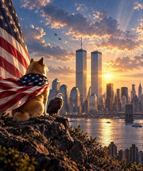 A digital artwork of a cat draped in an American flag sitting on a cliff alongside a bald eagle, looking out over the New York City skyline at sunset.