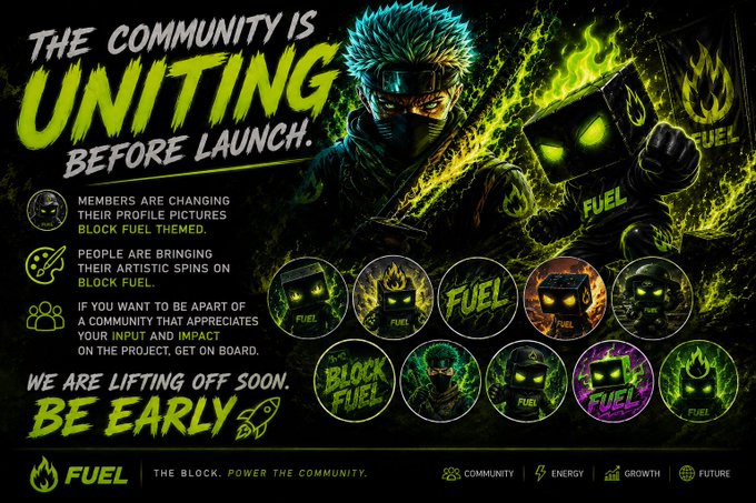 A promotional graphic titled 'THE COMMUNITY IS UNITING BEFORE LAUNCH' featuring a green-haired character holding a 'FUEL' block, with multiple circular icons showing various 'BLOCK FUEL' themed profile pictures and labels for COMMUNITY, ENERGY, GROWTH, and FUTURE.