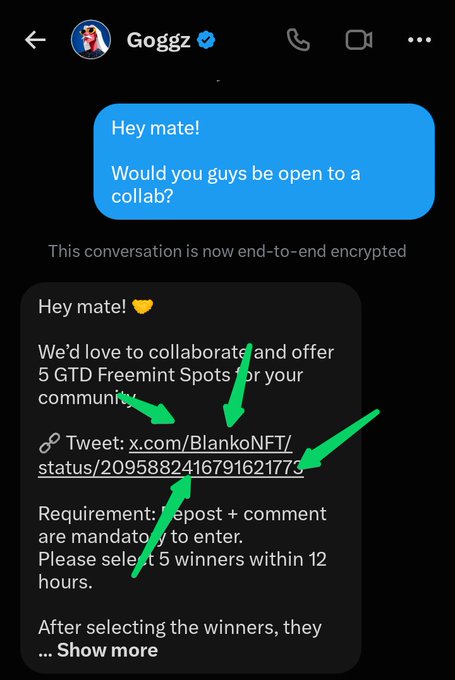 A screenshot of a direct message conversation with a verified user named "Goggz" discussing a collaboration for "5 GTD Freemint Spots," with green arrows pointing to specific requirements.