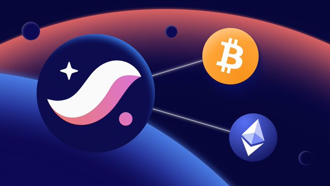 A stylized illustration showing the StarBerry (Stellar XLM) logo connected by lines to the Bitcoin (BTC) and Ethereum (ETH) cryptocurrency logos against a dark background.