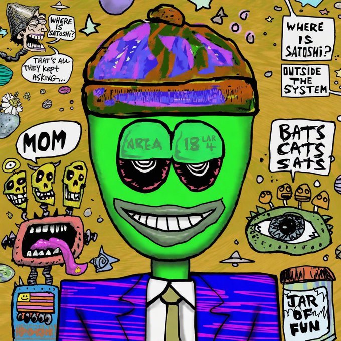 A chaotic, colorful illustration of a green, smiling character wearing a hat, surrounded by smaller drawings and text bubbles asking 'WHERE IS SATOSHI?' and referencing 'BATS CATS SATS' and 'JAR OF FUN'.