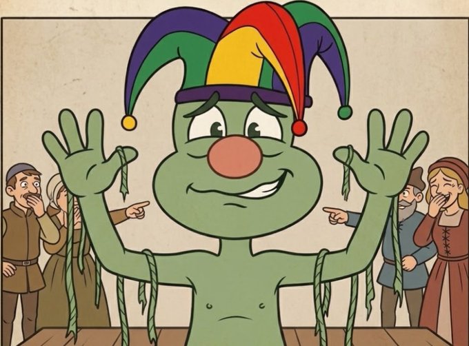 A cartoon illustration of a green, jester-like character with a colorful hat being mocked by townspeople, with one pointing at dangling green strips hanging from the character's body.