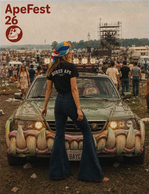 A vintage-style photograph of a woman in a 'BORED APE' t-shirt and jeans standing in front of a customized car with teeth painted on the front bumper at 'ApeFest 26' festival.