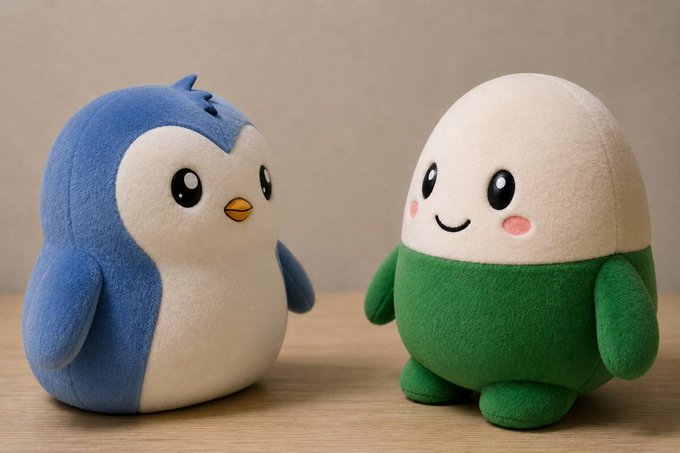 Two cute plush toys sit on a wooden surface: a blue and white penguin with an orange beak, and a round white and green character with pink cheeks and a smiling face.