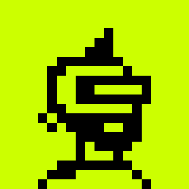 A pixel-art style black character resembling an Among Us crewmate with a hat and backpack, set against a bright yellow-green background.
