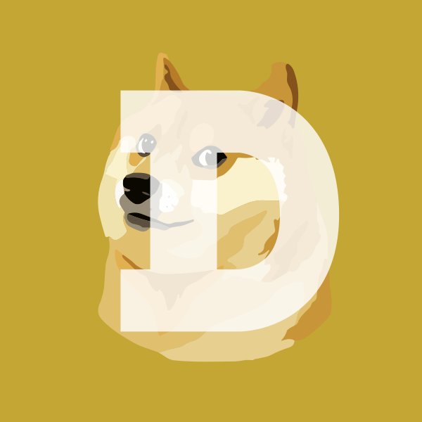 A logo featuring a stylized illustration of a Shiba Inu dog's face overlaid with a large white letter 'D' on a mustard yellow background.