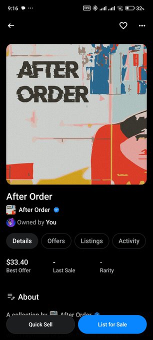 A mobile screenshot of an NFT listing on OpenSea for a collection called 'After Order', showing a stylized artwork with 'AFTER ORDER' in bold black text, owned by the user with a best offer of $33.40.