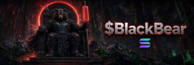 Dark fantasy digital art of a bear in armor sitting on a throne holding a red staff, with the text '$BlackBear' and a Solana logo beside it.
