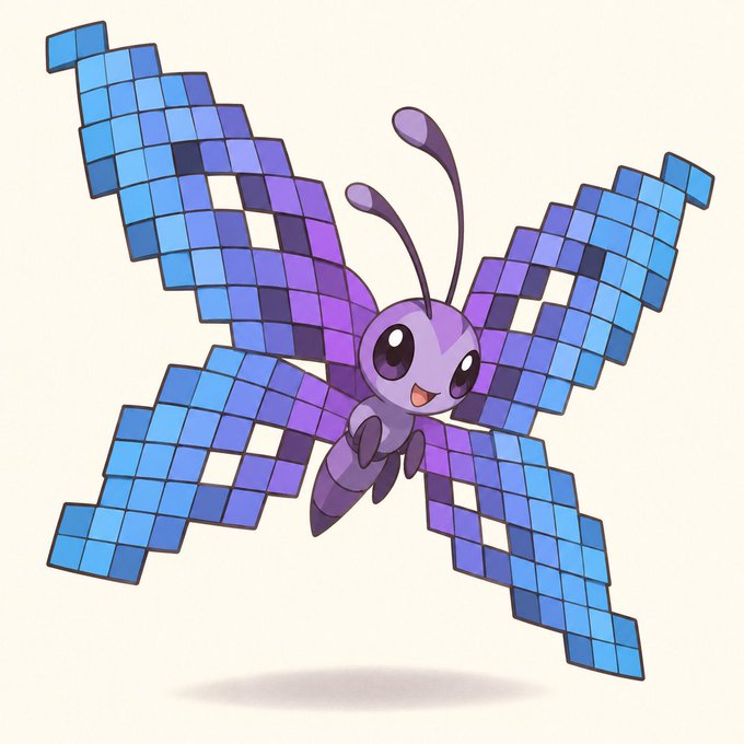A cartoon illustration of a cute purple butterfly-like creature with large pixelated blue and purple wings against a cream background.
